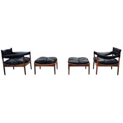 Pair of Rosewood and Leather Kristian Solmer Vedel Modus Chairs with Ottomans