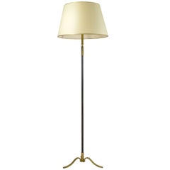 Brass and Black Leather Tripod Floor Lamp