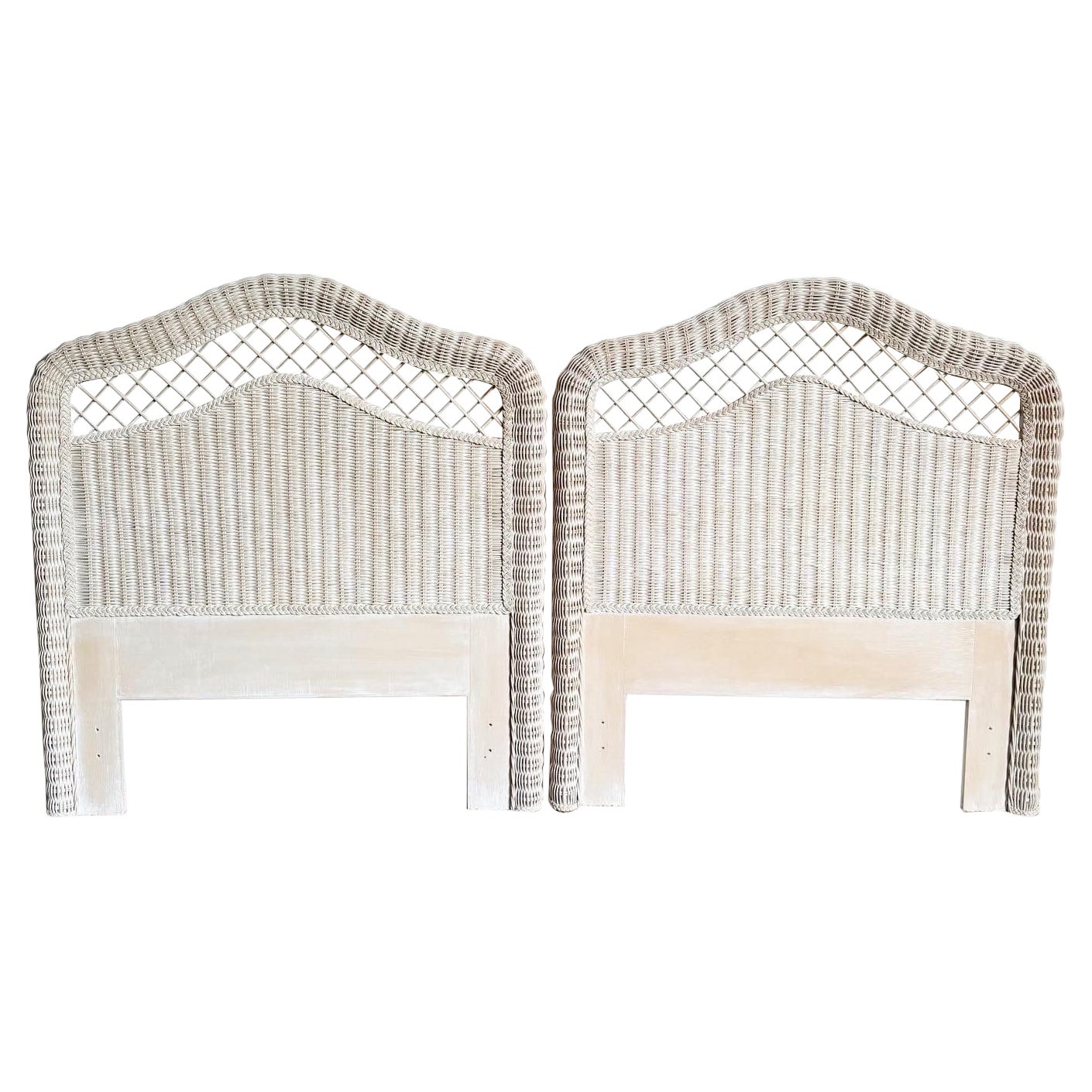 Boho Chic White Washed Wicker Twin Size Headboards by Henry Link - a Pair