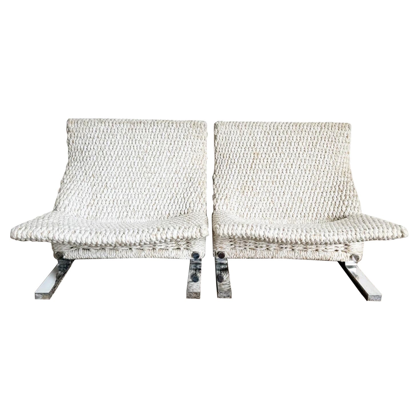 Marzio Cecchi Low Knitted Rope and Chrome Lounge Chairs - a Pair