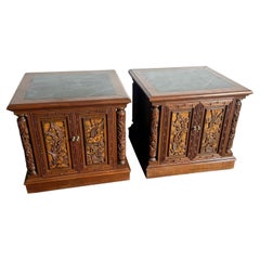 Asian Hand Carved Wooden Inlaid Marble Top Nightstand/End Tables