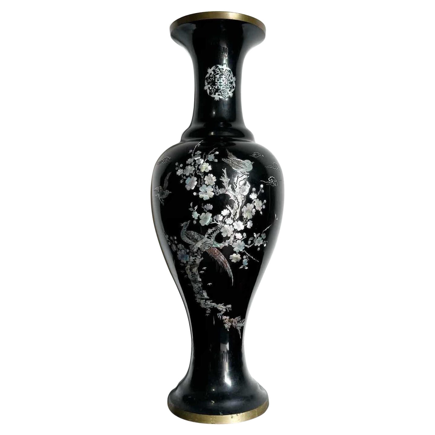 Chinese Black Lacquered and Mother of Pearl Brass Vase