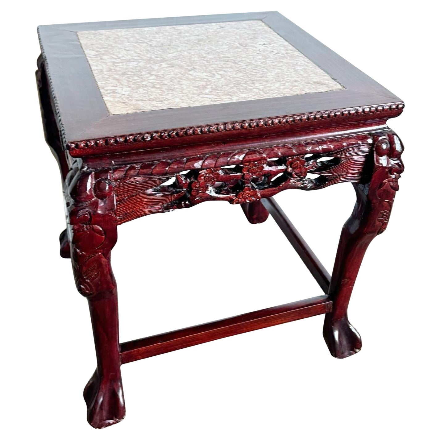 Chinese Hand Carved Rose Wood Side Table With Inlaid Marble Top