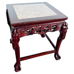 Chinese Hand Carved Rose Wood Side Table With Inlaid Marble Top