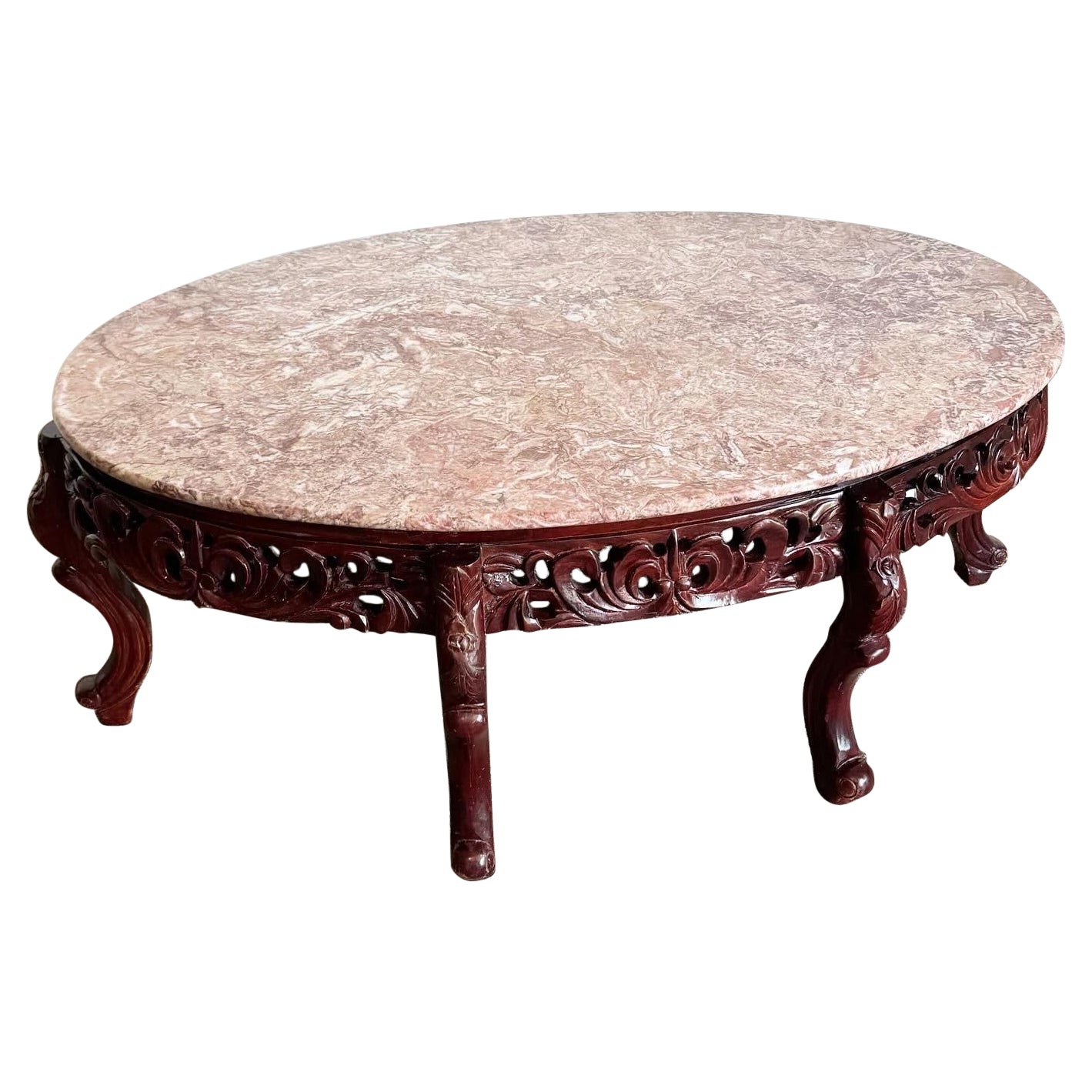 Table à café ovale en bois de rose chinois sculpté à la main et à plateau de marbre rose