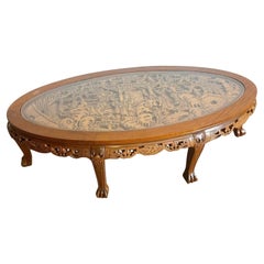 Asian Hand Carved Wooden Coffee Table With Glass Inlay
