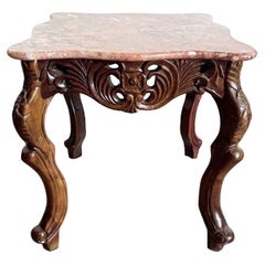 Chinese Hand Carved Rosewood Pink Marble Top Side Table