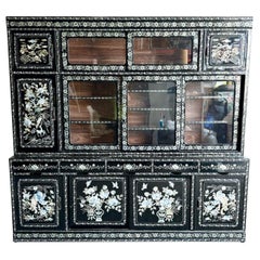 Chinese Black Lacquered and Mother of Pearl Inlaid China Cabinet