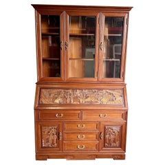 Asian Hand Carved Secretary Desk With Display Cabinet