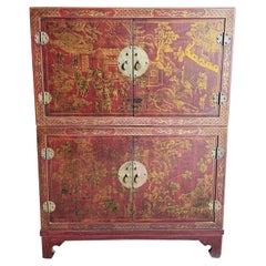 Chinese Hand Painted Red and Gold Stackable Cabinet - 2 Pieces