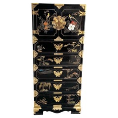 Chinese Black Lacquered Hand Painted Lingerie Chest With Gold Accents