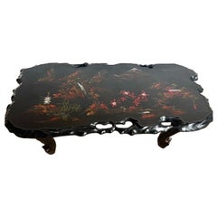 Chinese Black Lacquered and Hand Painted With Mother of Pearl Inlay Coffee Table