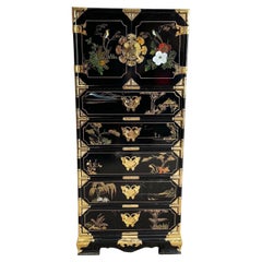 Chinese Black Lacquered Hand Painted Lingerie Chest With Gold Accents