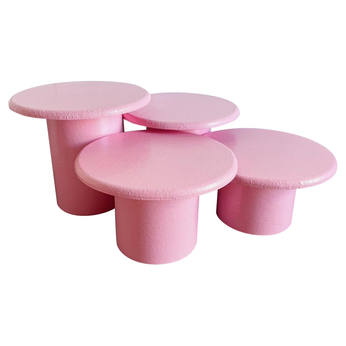 Postmoderne runde Pilz-Stapeltische mit rosa Texturen – 4er-Set
