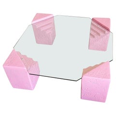 Postmodern Pink Faux Coral Plaster Octagonal Glass Top Coffee Table