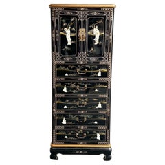 Chinese Black Lacquered and Gold Hand Painted Lingerie Armoire