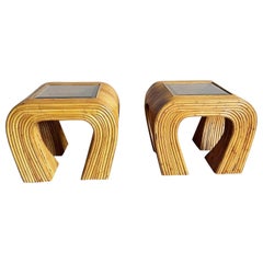 Boho Chic Split Bamboo Waterfall Side Tables With Smoked Glass - a Pair