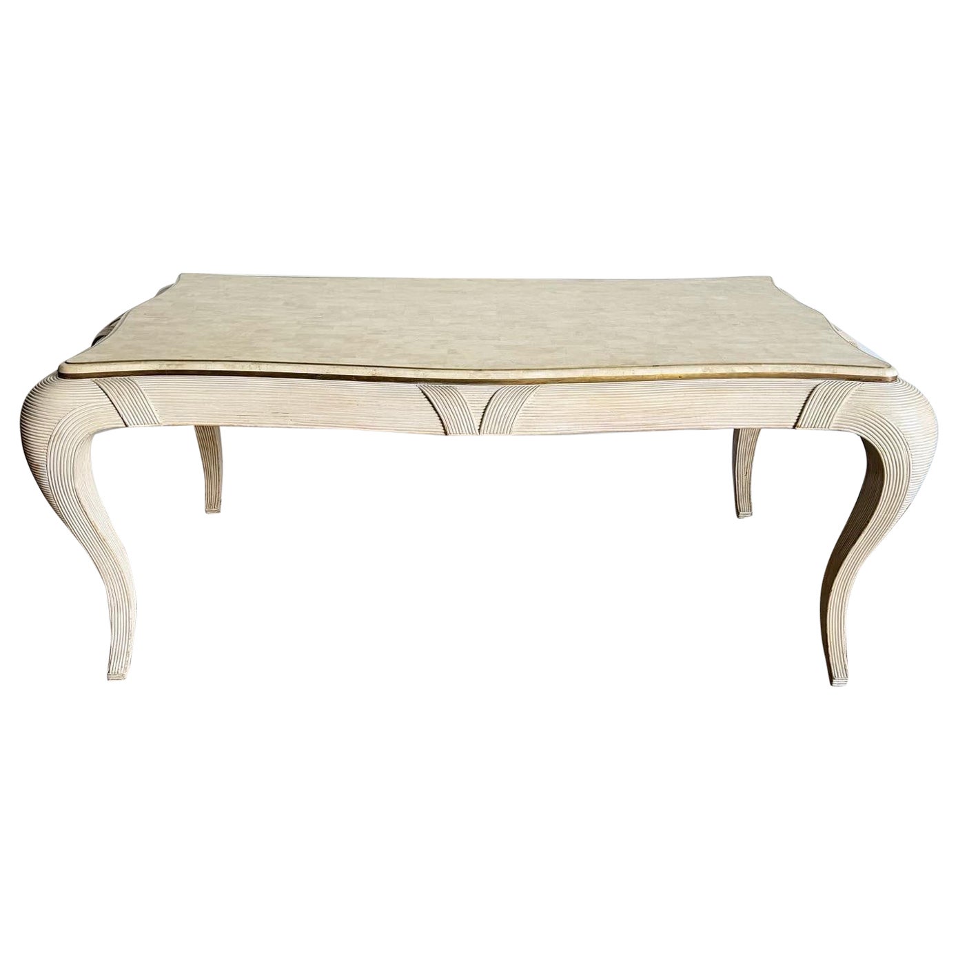 Mesa de comedor postmoderna de piedra teselada, latón y caña de lápiz