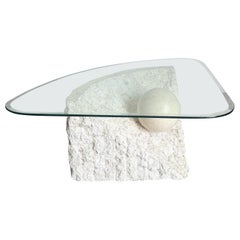 Postmodern Tessellated Stone Triangular Glass Top Coffee Table