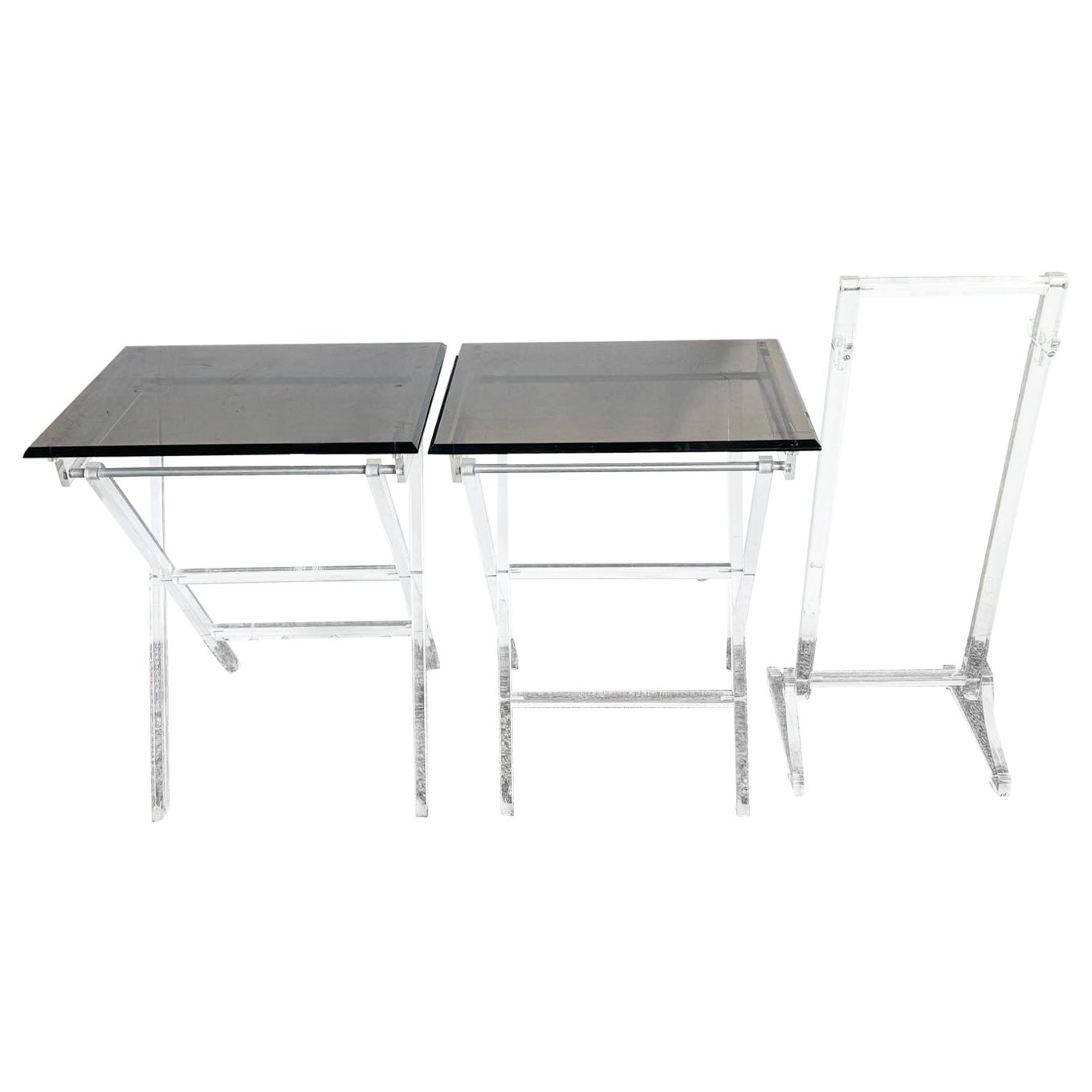 Mid Century Modern Clear and Smoked Lucite Gold Up Tray Table Set - 3 Pieces For Sale
