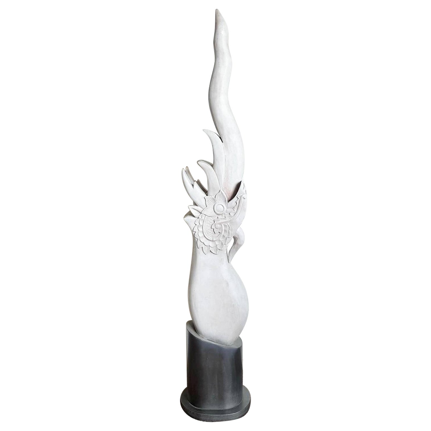 Hand Carved Wooden Flower Sculpture on Metal Base