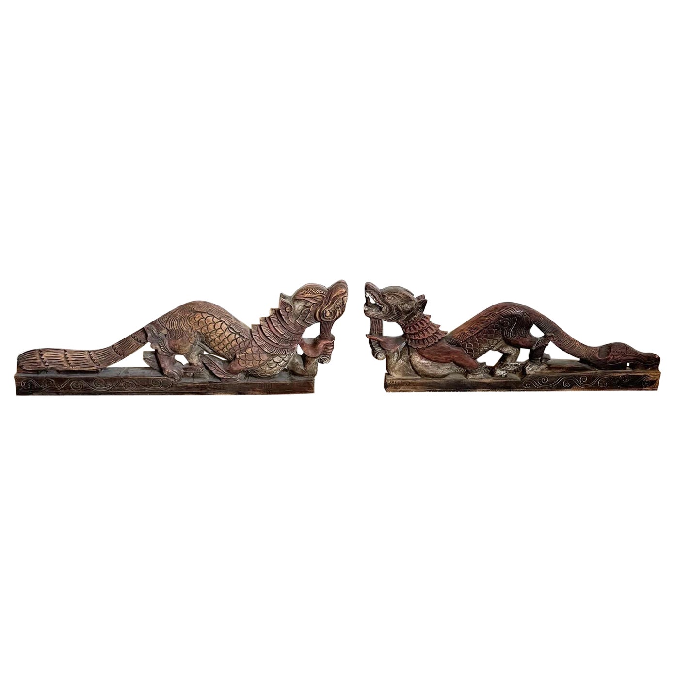 Chinese Hand Carved Dragons Sculptures - a Pair