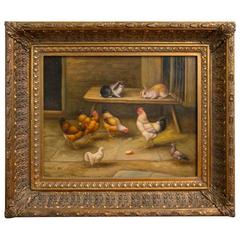 Antique 19th Century Oil on Board Barnyard Scene Featuring Chickens, Rabbits and Pigeon