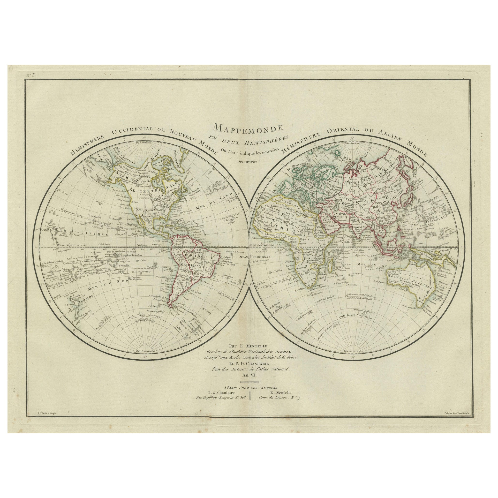 World Map in Two Hemispheres: Eastern & Western - 1802 Tardieu Atlas
