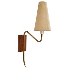 Swedish Designer, Wall Light, Brass, Teak, Fabric, Sweden, 1950s