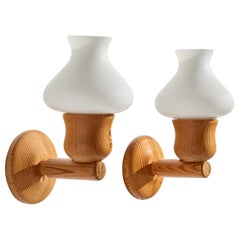 Swedish Designer, Wall Lights, Pine, Glass, Sweden, 1970s