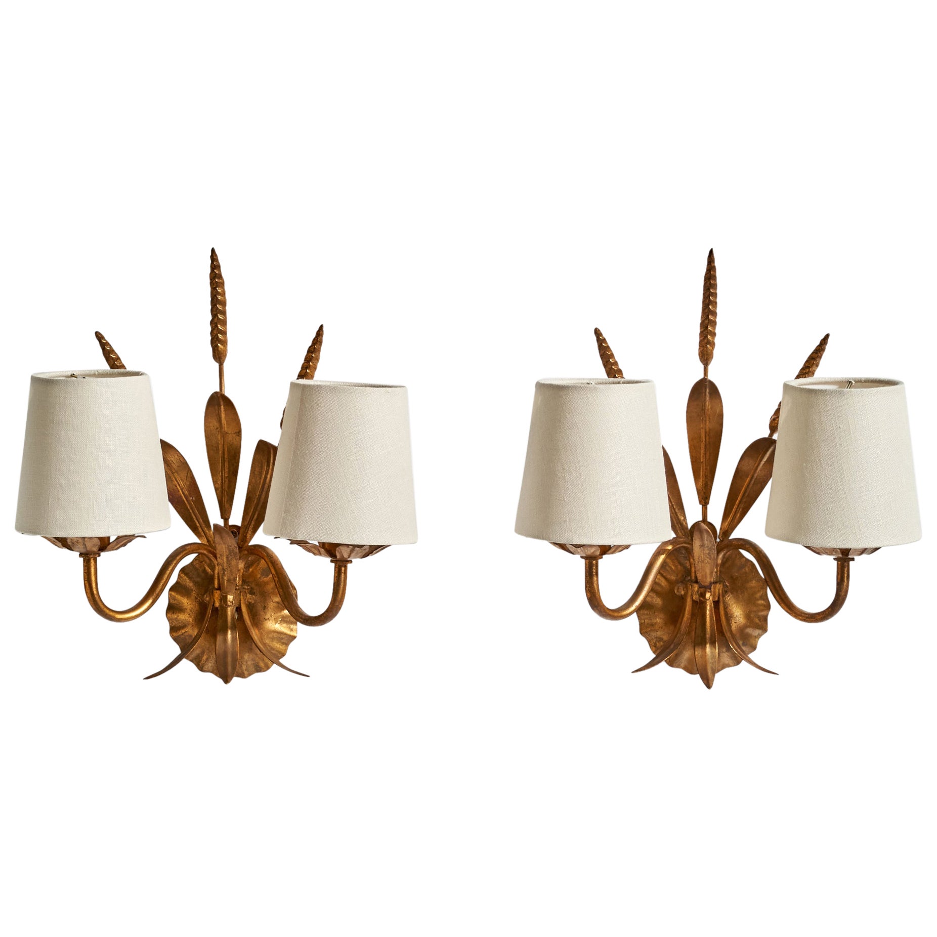 French Designer, Wall Lights, Copper, Fabric, France, 1940s For Sale