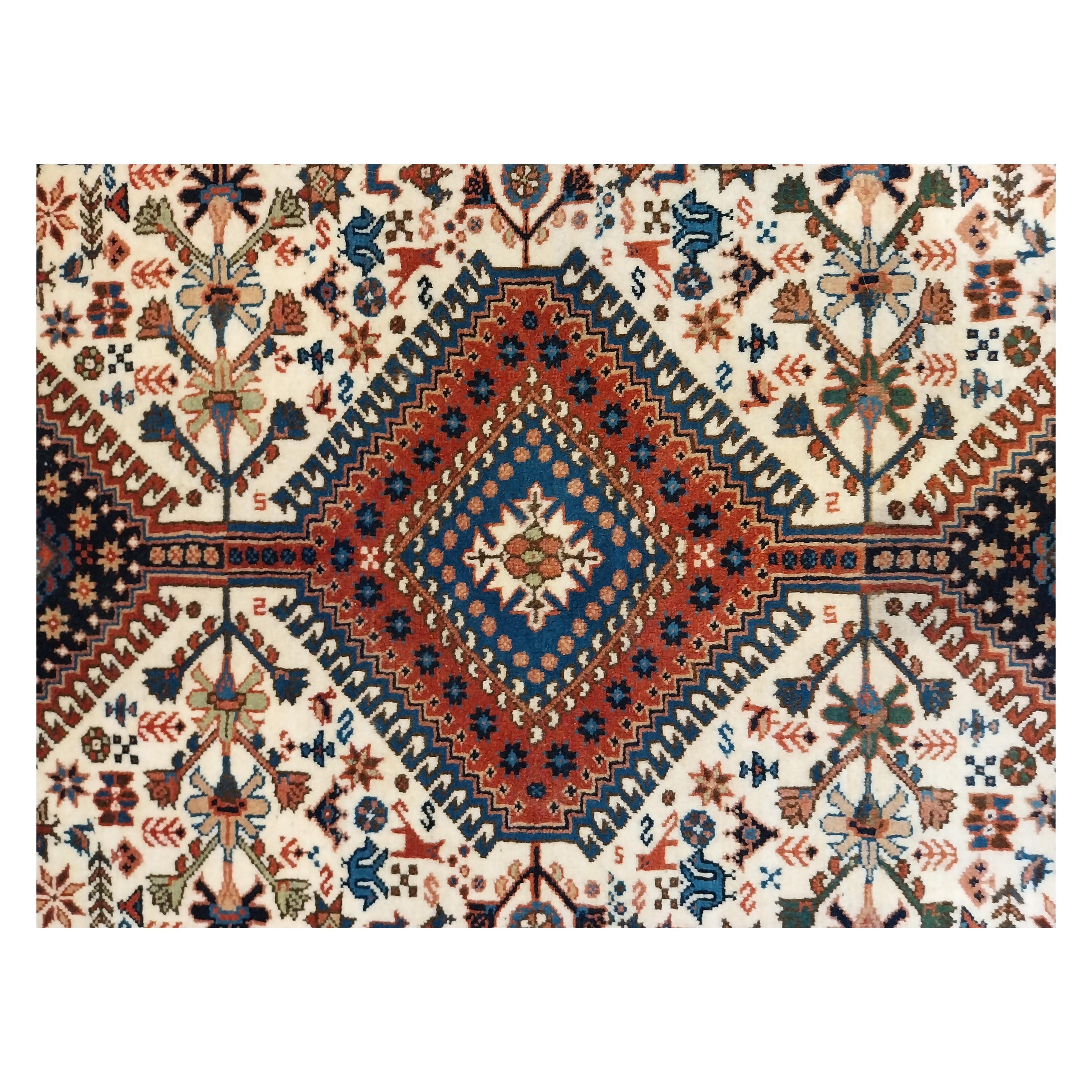 Hand-knotted Persian rug with geometric medallion Yalameh Rug For Sale