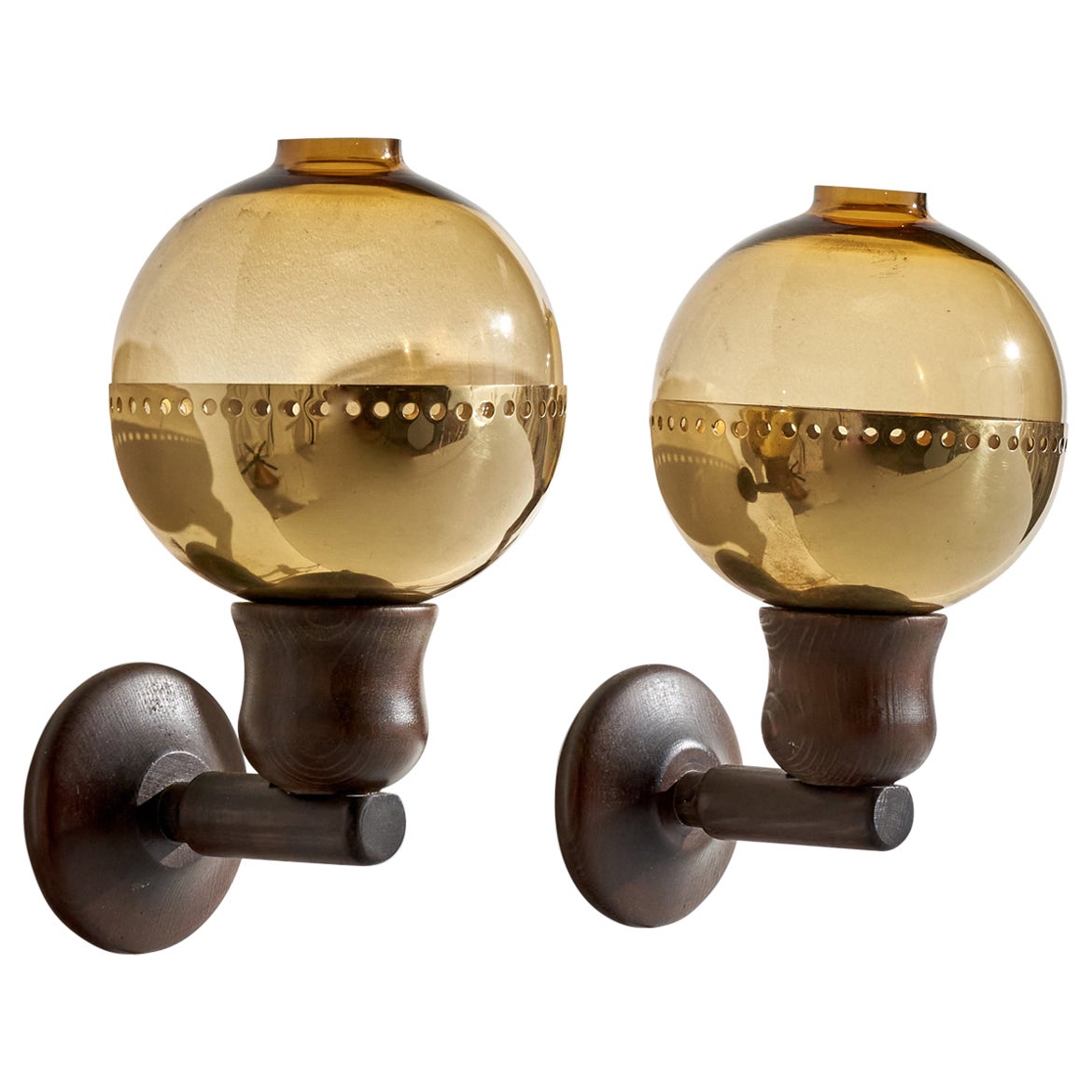 Swedish Designer, Wall Lights, Pine, Glass, Brass, Sweden, 1970s For Sale