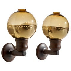 Swedish Designer, Wall Lights, Pine, Glass, Brass, Sweden, 1970s