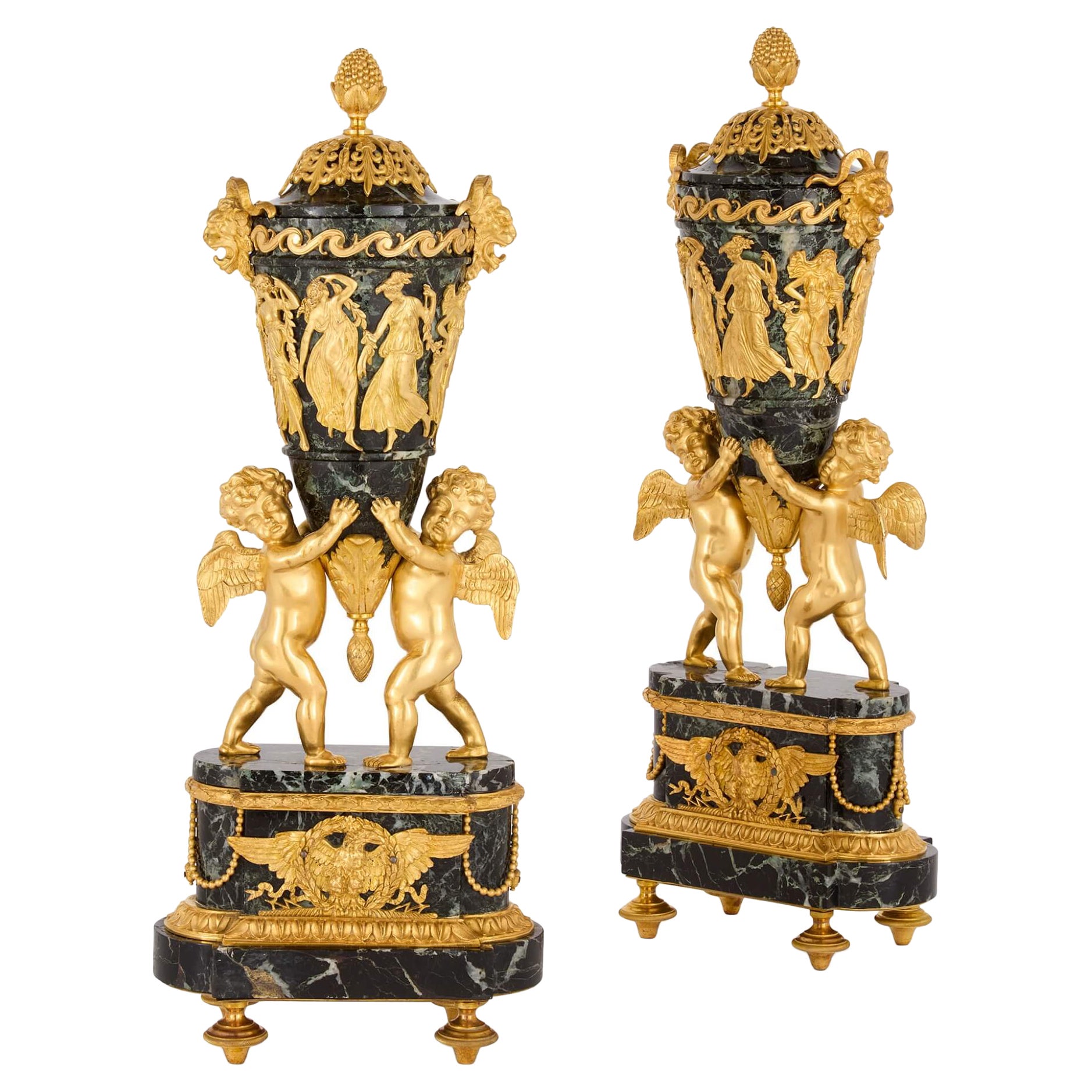 Pair of Russian Marble and Gilt-Bronze Urns with Covers