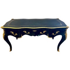 French Louis XV Black Lacquered Leather Top Bureau Plat Desk