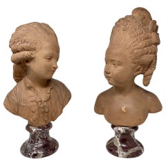 Pair Antique French Terracotta Busts Signed "Houdon" on Marble Bases, Circa 1860
