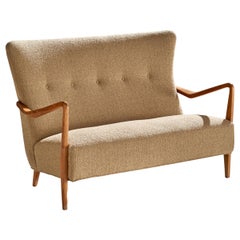 Créateur italien, banquette, bois, tissu, Italie, années 1950