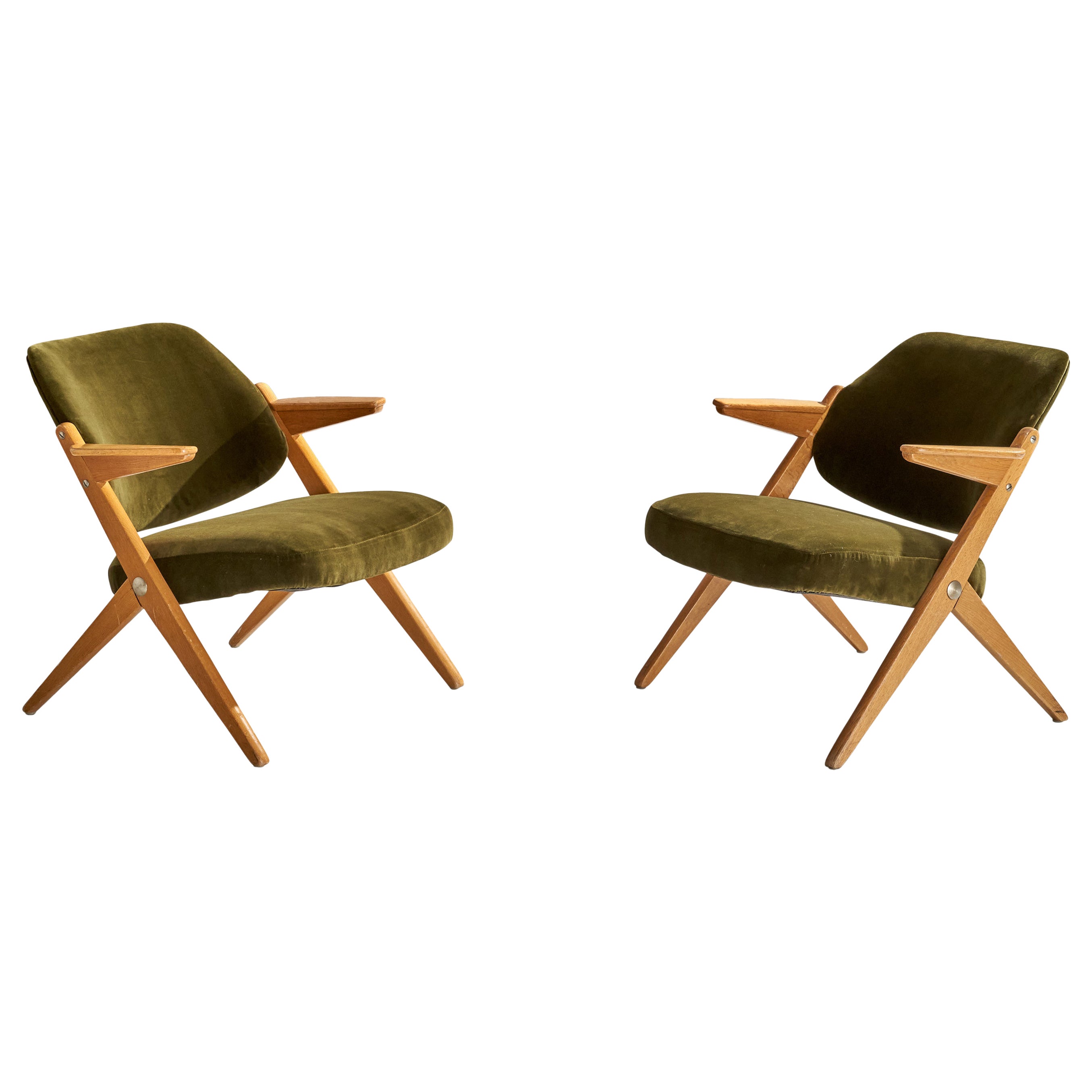 Bengt Ruda, Lounge Chairs, Oak, Velvet, Sweden, 1950s