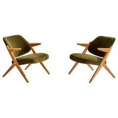 Bengt Ruda, Lounge Chairs, Oak, Velvet, Sweden, 1950s