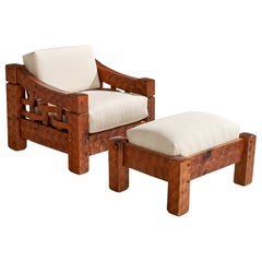 Null, fauteuil de salon avec ottoman, pin, tissu, États-Unis, 1970