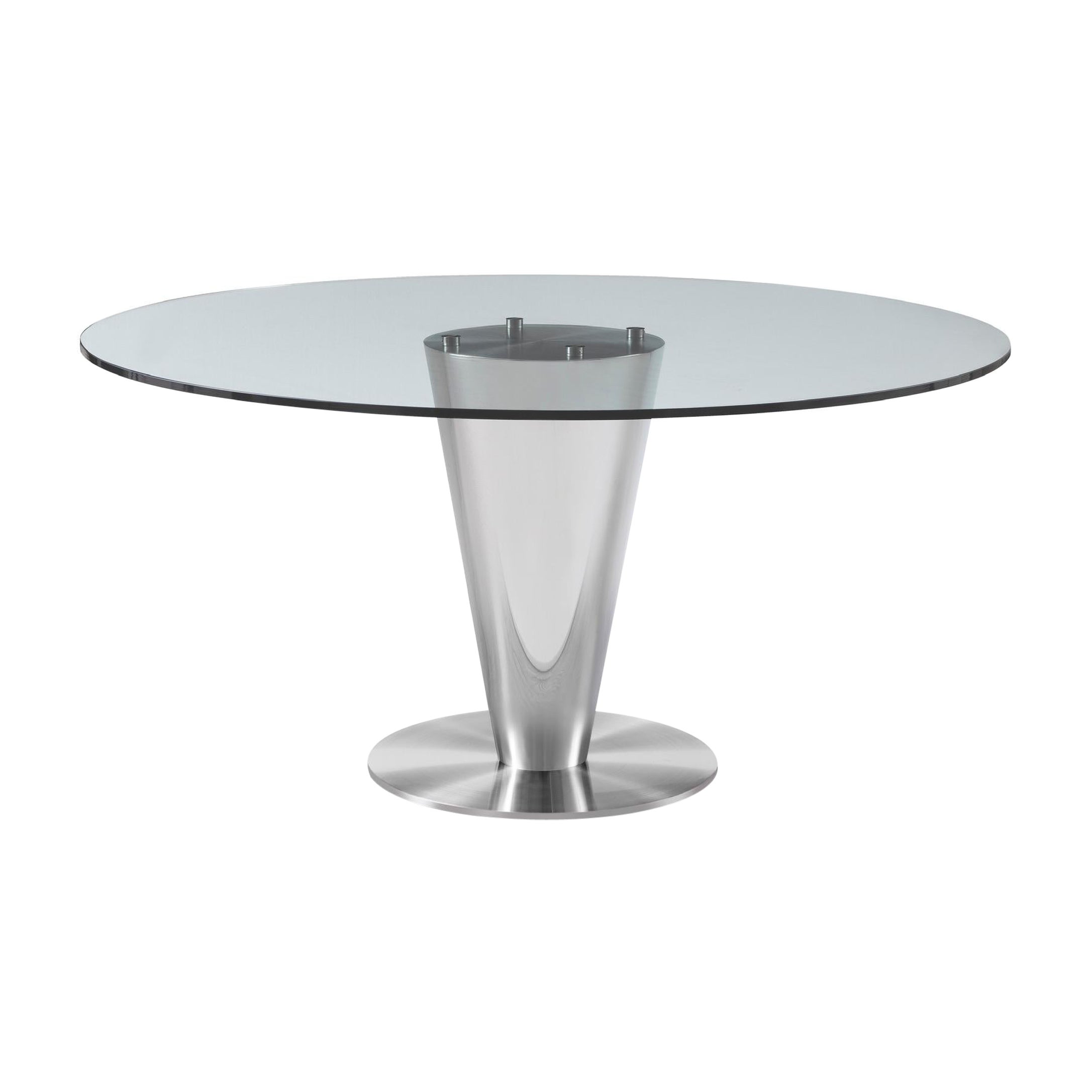 Mesa de comedor redonda moderna de acero inoxidable diseñada por Greg Sheres:  En stock.