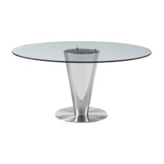 Modern stainless steel round dining table designed by Greg Sheres:  In Stock.