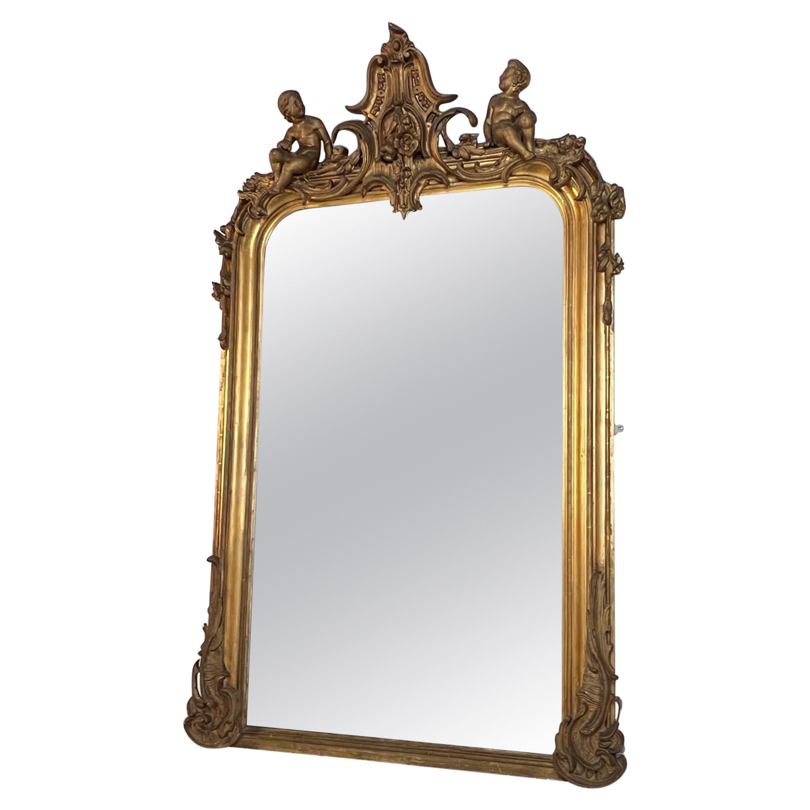 Large Antique French Ebonised and Silver Gilt Floor Or Overmantel