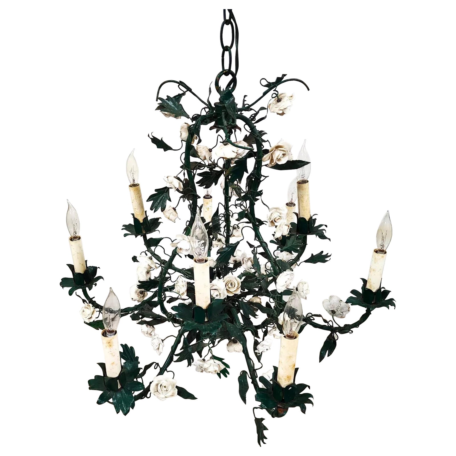 Antique French Porcelaine de Saxe Tole Floral Chandelier in vendita