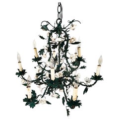 Antique French Floral Porcelaine de Saxe Tole Chandelier