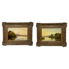 Pair Antique English Victorian Framed Oil on Canvas Landscape Paintings, Ca 1860