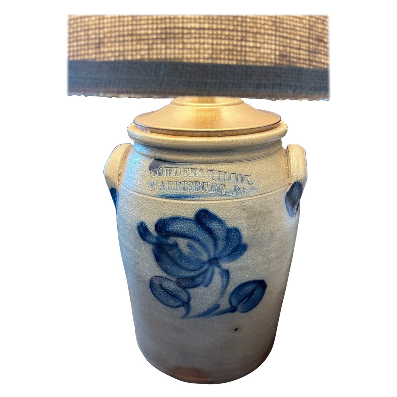 19Thc Pa. Decorated Stoneware Crock Lamp