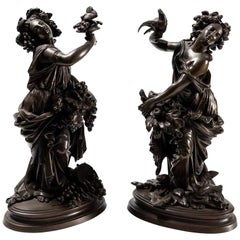 Pareja De Figuras Alegóricas De Otoño Y Primavera De Bronce Francesas De Finales Del Siglo XIX