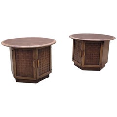 Mid Century Modern Lane Furniture Side End Table with Double Door Front - Pair